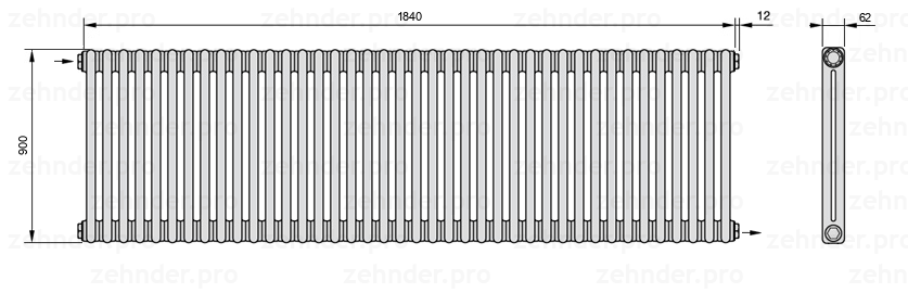 Схема (чертеж) Радиатор Zehnder Charleston 2090/40 №1670 Белый глянцевый RAL 9016